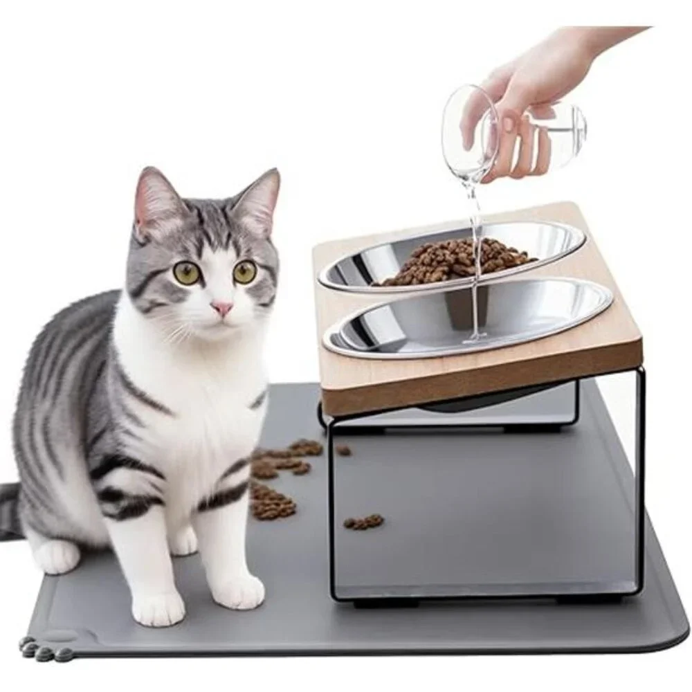 Upgraded Elevated Cat Bowls with Food Mat,15°Tilted Stand Anti Vomiting Raised